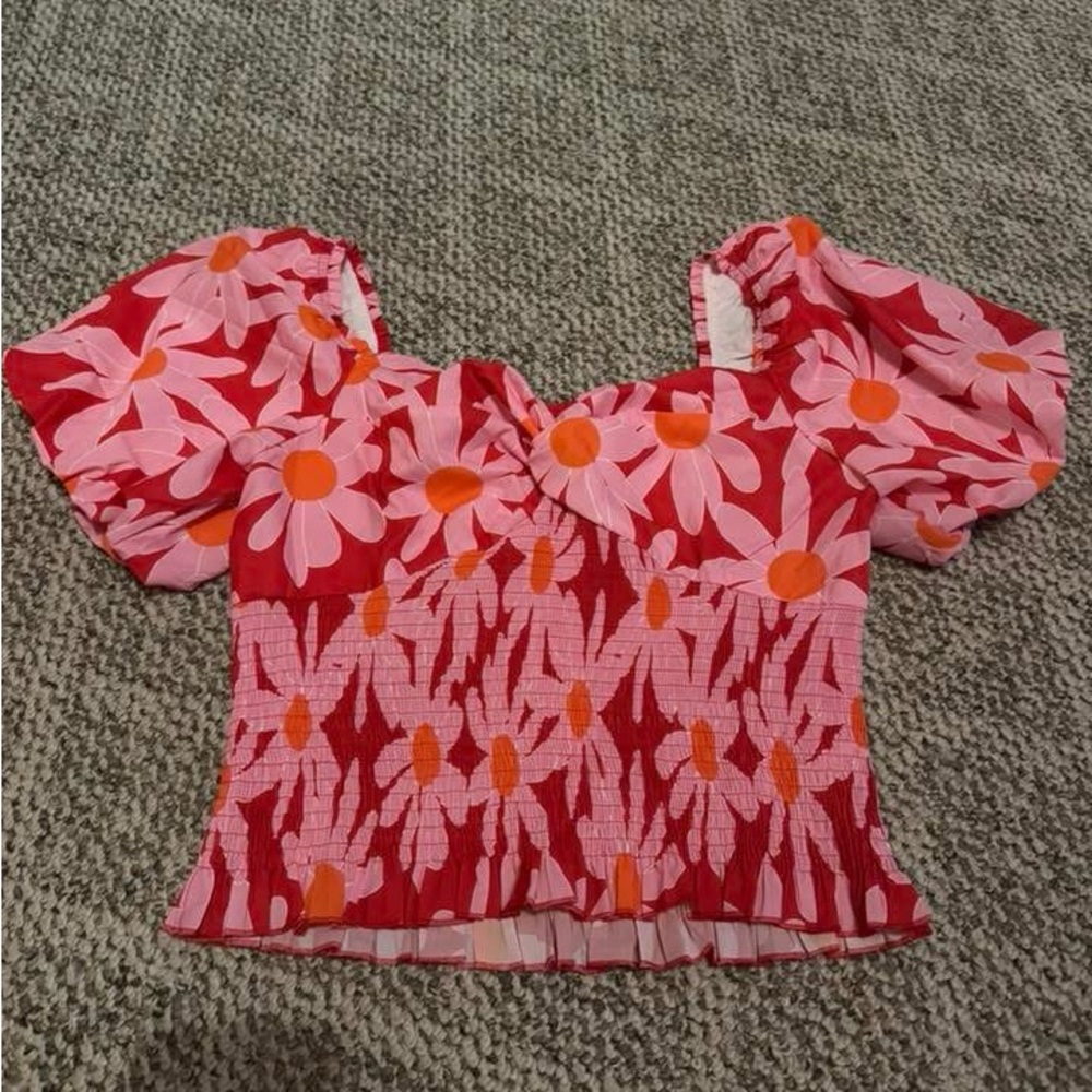 Floral Puff Sleeve Blouse - Red and Pink